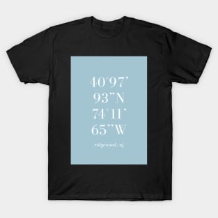 Ridgewood New Jersey Longitude and Latitude Blue T-Shirt